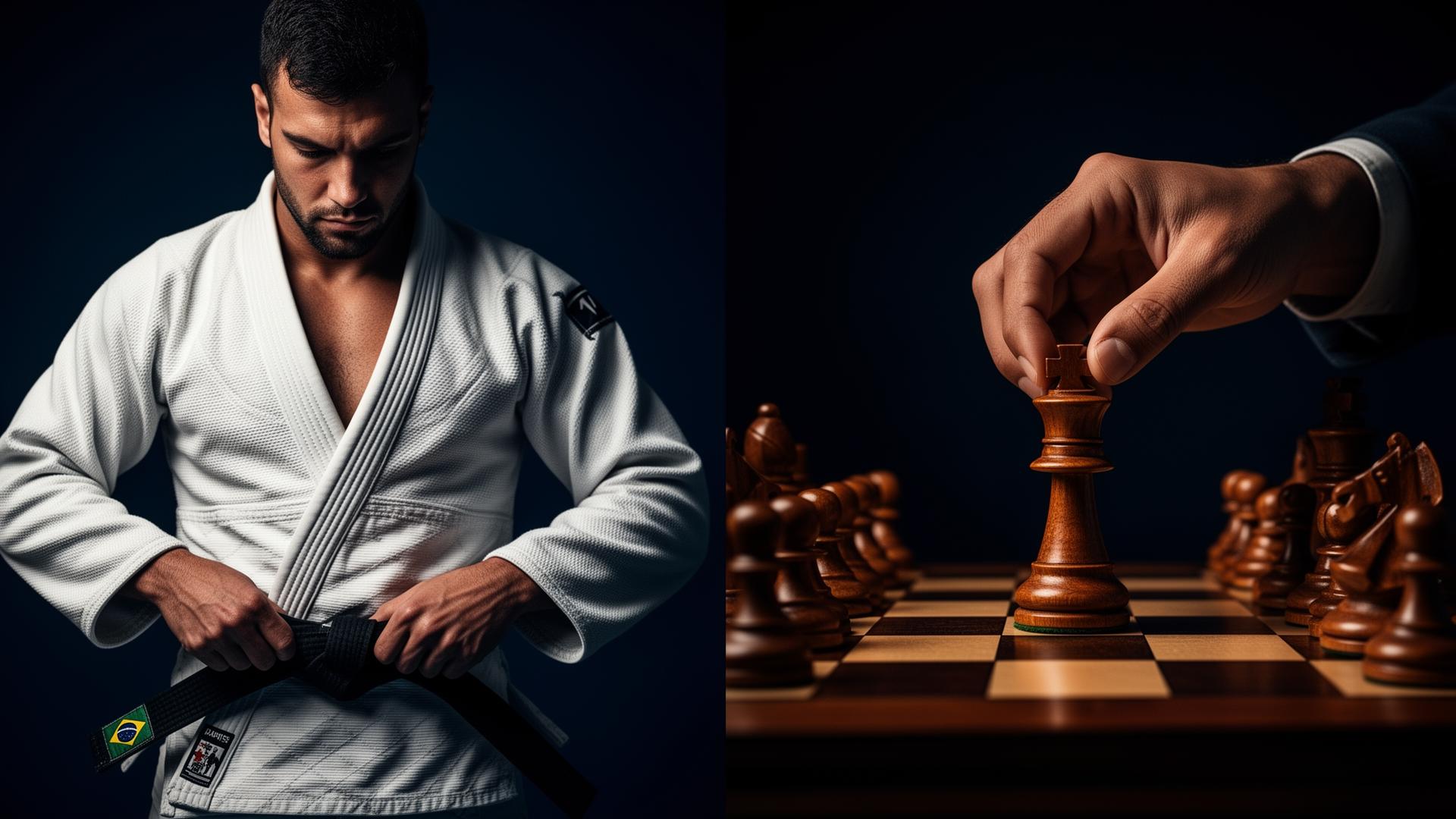 Atletas de Jiu-Jitsu e Xadrez em ação